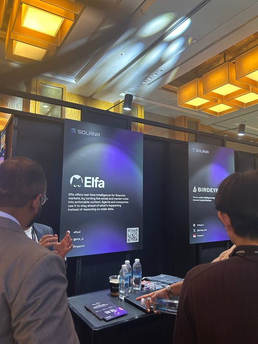 Two people sit at a table during a Solana blockchain event, with promotional posters visible for the 'Elfa' and 'Birdeye' platforms.