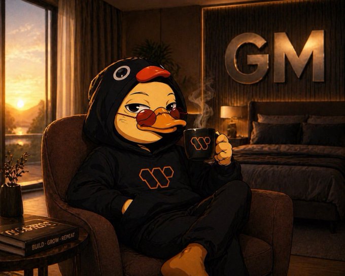 The image features a cartoon duck sitting comfortably in an armchair with its feet up, holding a coffee cup in one hand and a book in the other. The background shows a bedroom setting with a bed and a window that lets in natural light. The caption of the image reads "Good morning CT Woke up reflecting on how @wallchain is quietly reshaping what attention really means in crypto". This suggests that the cartoon duck might be contemplating or discussing the concept of cryptocurrency, given its position in the room and the presence of the book and coffee cup.