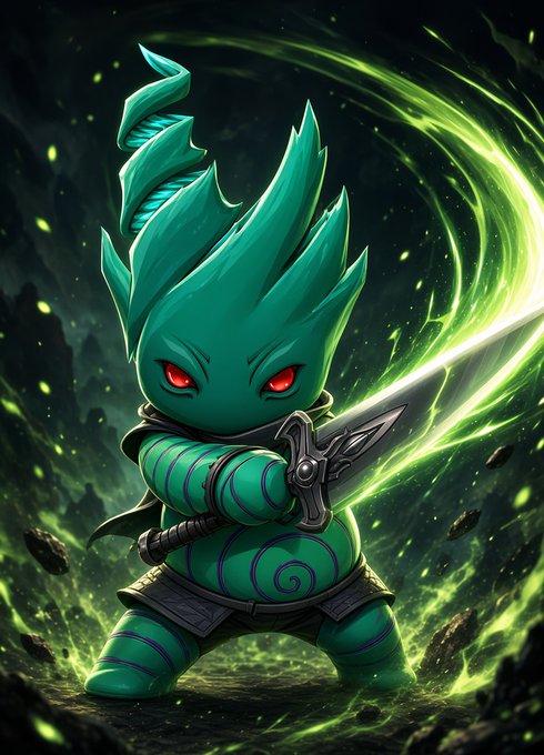 A digital illustration of a chibi-style green ninja warrior with glowing red eyes, wielding a sword surrounded by swirling green energy effects.