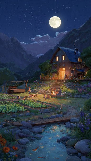 A whimsical digital illustration depicting a cozy wooden cabin nestled in mountains under a full moon, with figures around a campfire, a garden, a stream, and a cat and dog in the foreground.