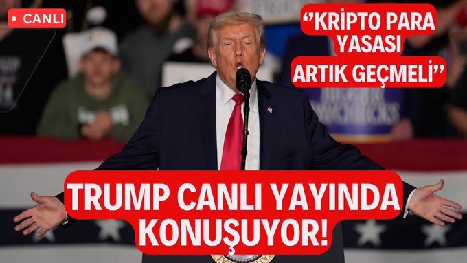 This image shows Donald Trump speaking live, with text overlays stating "TRUMP CANLI YAYINDA KONUŞUYOR!" and "KRIPTO PARA YASASI ARTIK GEÇMELİ". The "CANLI" (Live) indicator further emphasizes the immediacy of the broadcast, aligning with the urgent tone of the accompanying post.