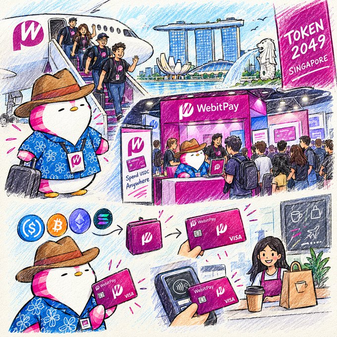 A hand-drawn, comic-style illustration depicts a penguin mascot wearing a hat and floral shirt promoting 'WebitPay VISA' at 'TOKEN 2049 SINGAPORE', showing people boarding a plane and using a payment terminal.