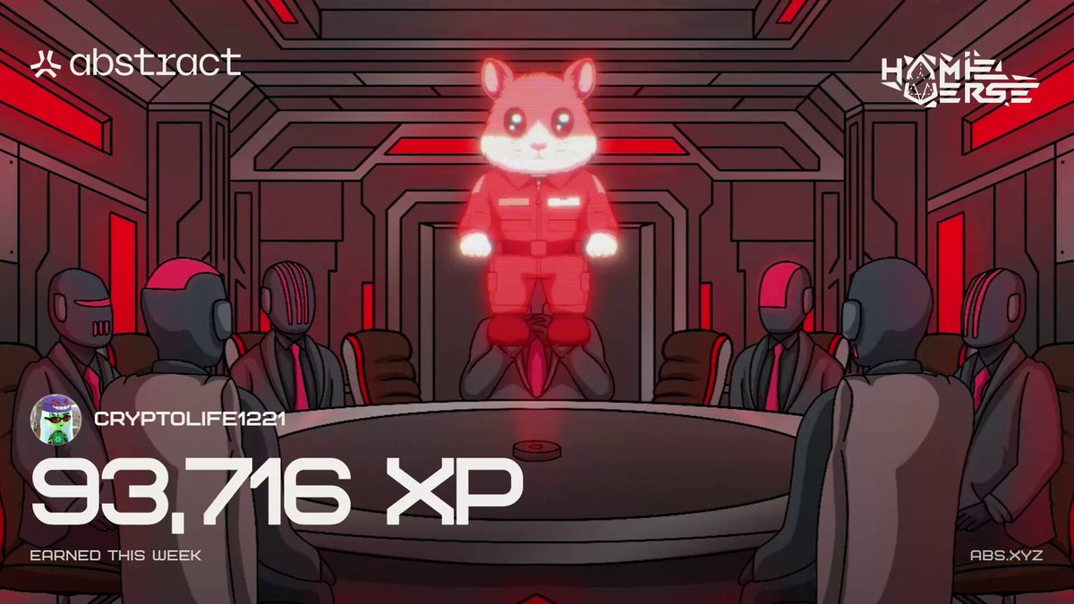 The image features a cartoon character standing at a table with a group of people sitting around it, all dressed up in suits and ties. The character appears to be wearing a red suit and has a red hat on its head. The scene takes place in what seems to be a futuristic setting or spaceship interior. In the background, there is text that reads "Happy XP day I just hit 93k XP this week My daily rotation is locked into my 5 favorite @AbstractChain games: @playcambria , @onchainheroes , @MoodyMights , @TollanUniverse and @Khugaverse Fingers crossed for the @hamieverse giveaway win".