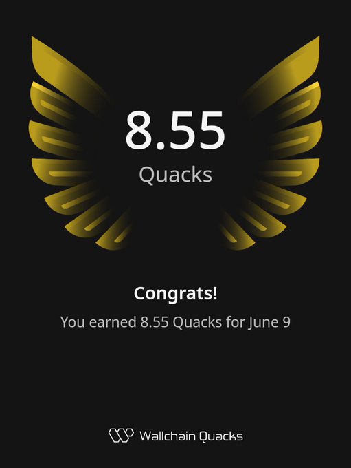 The image features a poster or card that displays a gold bird's wing design, along with the text "Congratulations! You earned 8.55 Quacks for June 9". The main focus of the image is the gold bird's wing design, which is positioned in the center and surrounded by white text. The background color of the image is black, providing contrast to the gold bird's wing design.