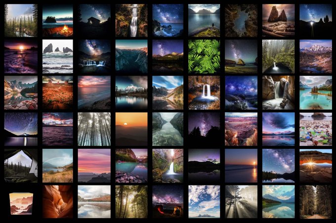 A grid collage featuring dozens of small thumbnail landscape photos showcasing nature scenes like waterfalls, sunsets, starry skies, forests, and mountains.