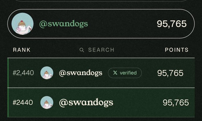 A leaderboard ranking shows "@swandogs" at rank #2,440 with 95,765 points and a verified X checkmark, displayed twice against a dark green background. The screenshot illustrates the user's current standing in what appears to be an airdrop or points-based rewards system, connecting to their post about receiving vouches to boost their rank.