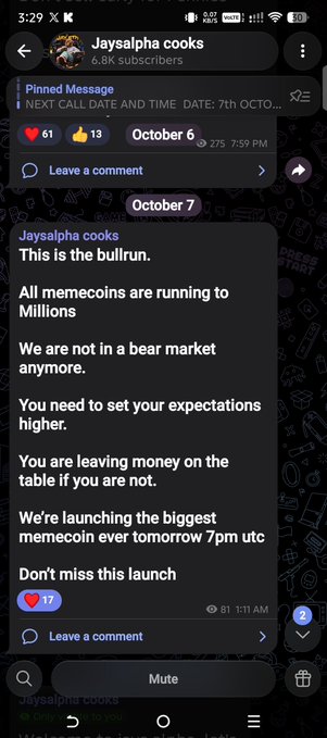 A Telegram channel screenshot from 'Jaysalpha cooks' (6.8K subscribers) promoting a 'bullrun' and announcing the launch of a 'biggest memecoin' tomorrow at 7pm UTC.