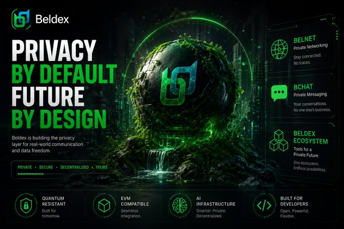 A dark-themed promotional graphic for **Beldex** featuring a moss-covered globe with a green "B" logo, displaying the tagline "PRIVACY BY DEFAULT, FUTURE BY DESIGN" alongside features like **BELNET Private Networking**, **BCHAT Private Messaging**, and **BELDEX Ecosystem**, with bottom badges highlighting "QUANTUM RESISTANT," "EVM COMPATIBLE," "AI INFRASTRUCTURE," and "BUILT FOR DEVELOPERS." The image reinforces the tweet's message by visually championing privacy as a core principle in Web3, aligning with Beldex's mission to solve the privacy layer the post identifies as the real scalability challenge in blockchain adoption.