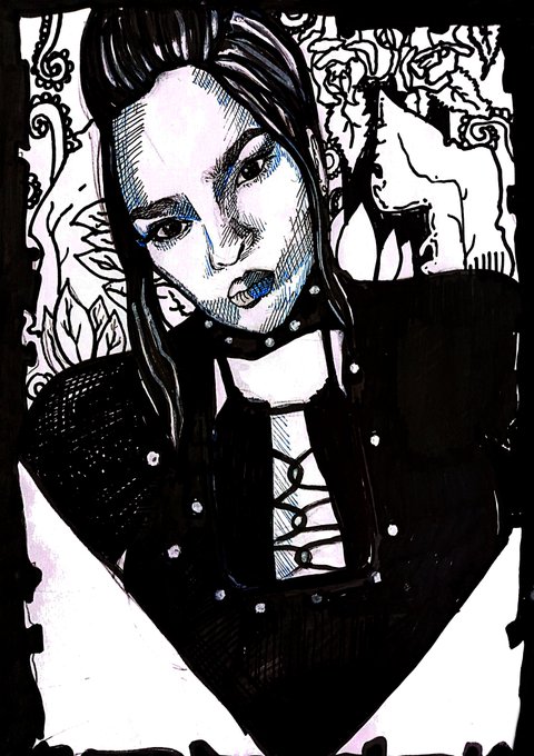 A stylized black-and-white illustration of a gothic female character with blue eye makeup and dark hair, featuring decorative elements and roses in the background.
