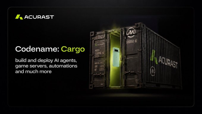 A promotional banner for 'ACURAST' features 'Codename: Cargo,' describing it as a way to 'build and deploy AI agents, game servers, automations and much more,' alongside a glowing green shipping container graphic.