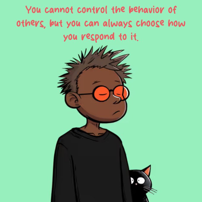 A cartoon illustration of a young boy with spiky hair and red-tinted glasses wearing a black shirt, holding a black cat, with the quote 'You cannot control the behavior of others, but you can always choose how you respond to it.' displayed above in red text.