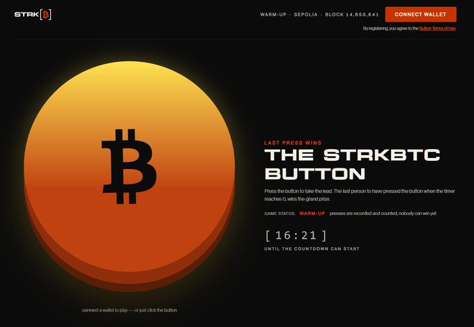 A website screenshot for 'STAK[B]' featuring a large orange button with a Bitcoin 'B' symbol, titled 'THE STAKBTC BUTTON' with 'LAST PRESS WINS' and a countdown timer showing '16:21'.