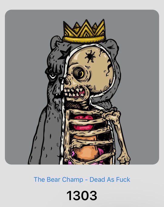 The image displays a digital artwork NFT from "The Bear Champ" collection titled "Dead As Fuck," featuring a stylized illustration of a crowned bear with an exposed skeletal interior, priced at number 1303. This ties into the post's message about showcasing NFTs to strengthen crypto culture, with the artist sharing their "XRPL is alpha" NFT as an example of the creative community built around blockchain collectibles.