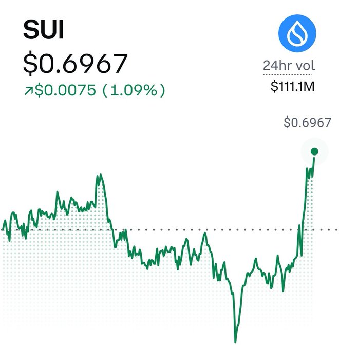 A price chart for the cryptocurrency SUI showing a current price of $0.6967, up 1.09% with a 24-hour trading volume of $111.1M. The line graph displays a downward trend followed by a sharp recovery.