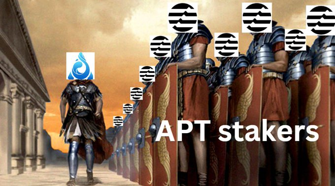 A meme showing a lone Sui (SUI) cryptocurrency token logo facing an army of Aptos (APT) tokens labeled as 'APT stakers' in Roman soldier formation.