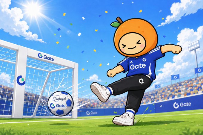 The image features a cartoon character, likely a soccer player or an orange character, kicking a soccer ball across a field with a goalpost nearby. The scene also includes a banner that says "Gate" above the goalpost, which might be related to a sports event or promotion. The overall atmosphere of the image is playful and fun, as it combines elements of sports and cartoon characters in an entertaining manner.