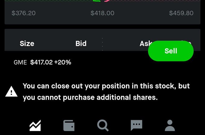 A stock trading app screen showing GME at $417.02 with +20% gains, displaying a warning message 'You can close out your position in this stock, but you cannot purchase additional shares' alongside a green Sell button.