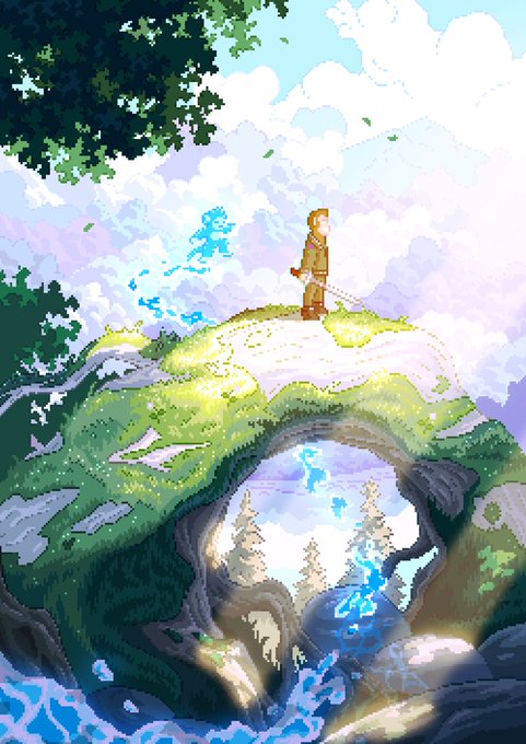 A pixel art illustration depicts a figure in a long coat standing on a large tree archway or root structure, holding a staff. Blue glowing elements and a small blue creature float in the surrounding lush, cloudy fantasy landscape.