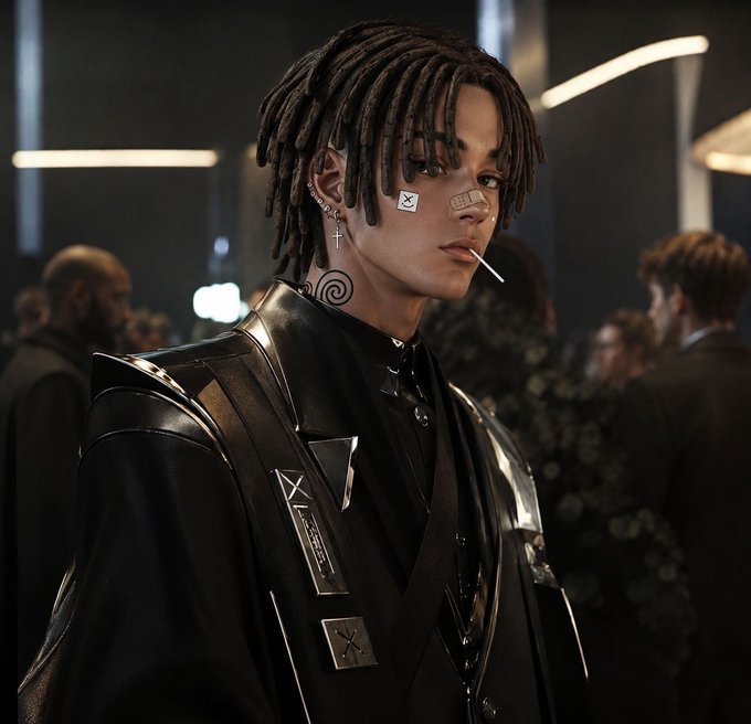 The image features a young man with dreadlocks wearing a leather jacket and has tattoos on his face and ears. He appears to be posing for a photo, possibly at an event or gathering. The background shows other people present but not as prominent as the main subject. The caption of the image reads "good night from here but if you’re feeling under pressure... remember diamonds are made under pressure, so are traffic jams choose wisely thread finally finished got this piece from @EveDotEth".