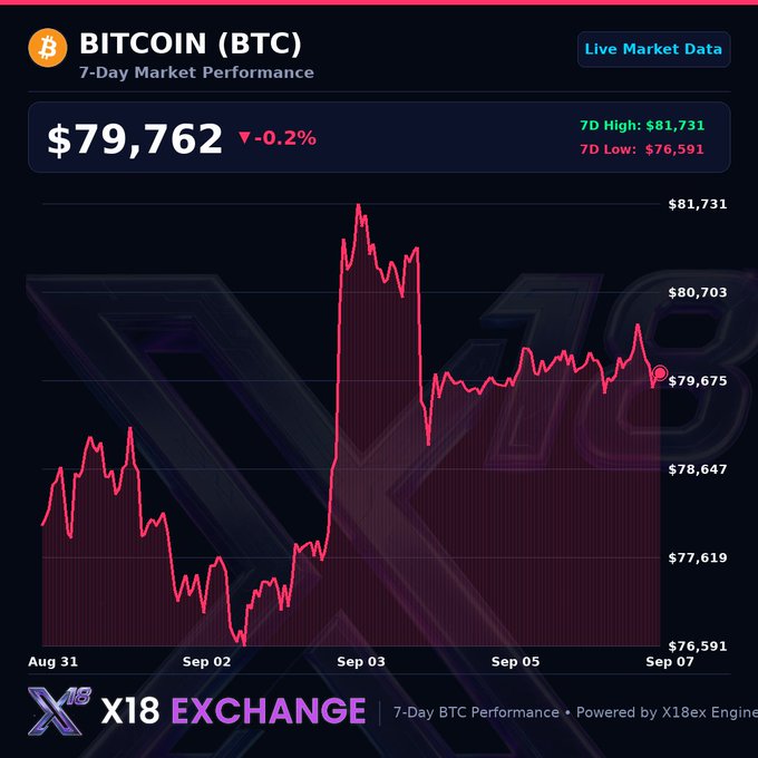 A live market data chart showing Bitcoin (BTC) at $79,762, down 0.2%, with a 7-day performance graph displaying a 7D high of $81,731 and 7D low of $76,591, powered by X18 Exchange.