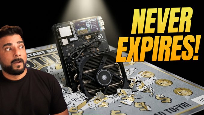 A YouTube thumbnail featuring a shocked-looking man beside a torn-open electronic device with exposed circuitry, displayed on a gold 'Instant Scratch-Off' ticket with the bold text 'NEVER EXPIRES!'.