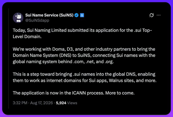Tweet from Sui Name Service (@SuiNSdapp) announcing their application for the .sui Top-Level Domain through ICANN, dated Aug 17, 2026.