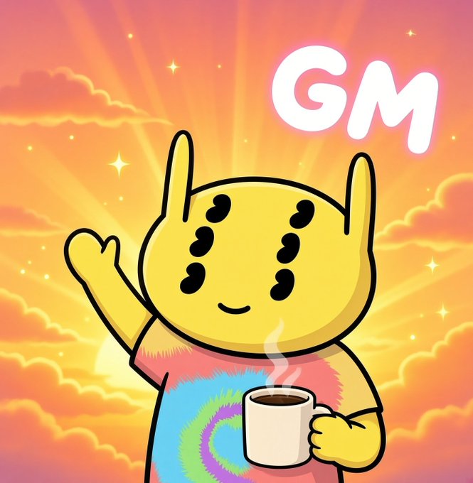 A cheerful yellow cartoon character with antennae wearing a tie-dye shirt, holding a steaming coffee mug with 'GM' (good morning) displayed above against a sunny sky.