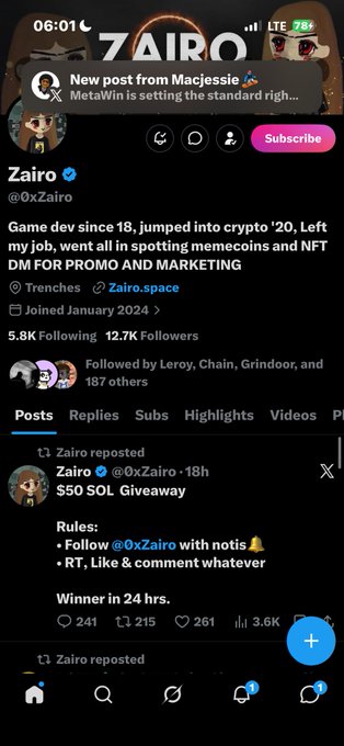 A screenshot of an X/Twitter profile for "Zairo" (@0xZairo), mentioning "Game dev since 18, jumped into crypto '20" and a reposted "$50 SOL Giveaway".