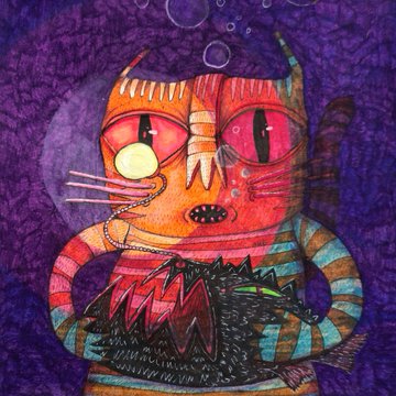 A colorful, surreal illustration of a stylized orange cat-like creature with large pink eyes holding a spiky fish against a purple background.