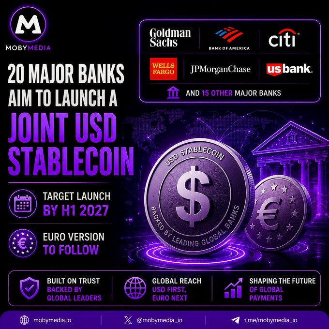 An infographic by Mobymedia announces that 20 major banks, including Goldman Sachs, Bank of America, Citi, Wells Fargo, JPMorgan Chase, and US Bank, aim to launch a joint USD stablecoin by H1 2027, with a Euro version to follow.