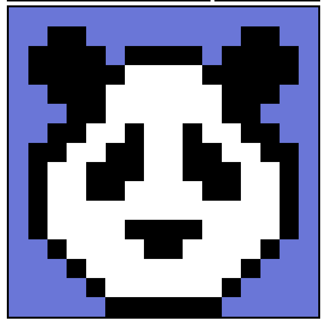 A pixel art illustration of a panda's face rendered in black and white against a blue/purple background.