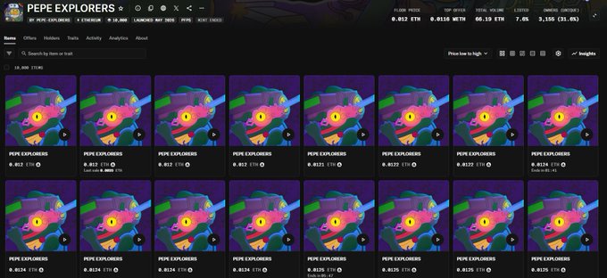 The image shows a screenshot from a video game website called Pepe Explorers. The website displays a grid of twelve different images of various characters or scenes from the game. The images are arranged in rows, with each row containing three pictures. The website also provides information about the games and their prices, as well as links to purchase them. The post is titled "Good to see Pepe Explorers holding up strong post mint." This suggests that the game has been well-received by players or has a positive reputation among gamers.