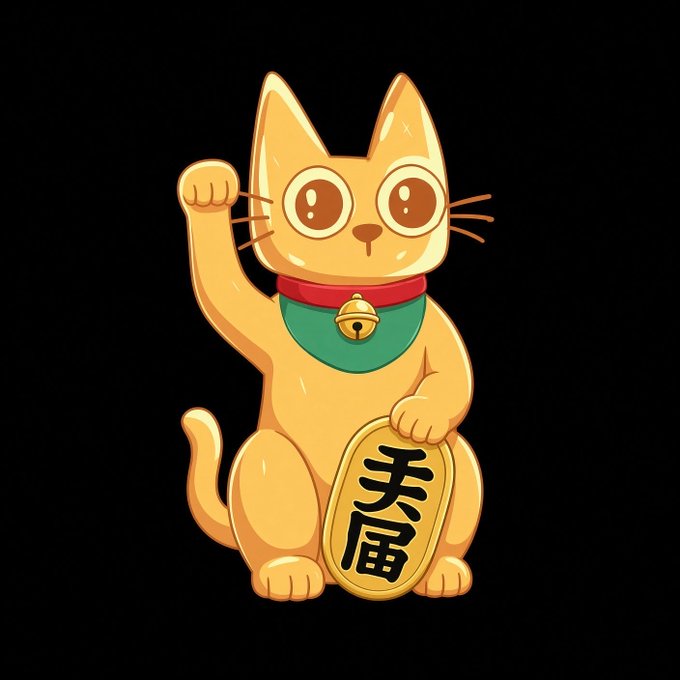 A cartoon illustration of an orange cat wearing a green bib with a bell, raising one paw and holding a gold coin inscribed with Japanese characters (寿司, meaning sushi) against a black background.