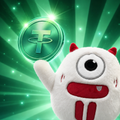 A small 3D-rendered character in a white spacesuit holding a glowing green orb, standing against a green radial light background.