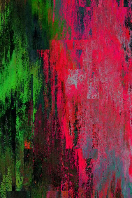 An abstract painting featuring a vertical, textured composition dominated by red and green hues with gray and black accents.