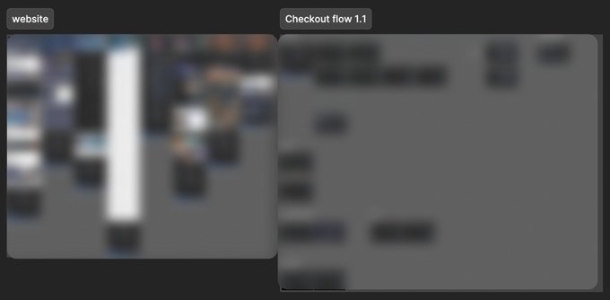 A comparison diagram showing a blurred 'website' screenshot on the left and a 'Checkout flow 1.1' wireframe/mockup on the right.