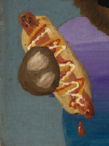 An abstract painting featuring a gray circular form alongside brown, white, and yellow zig-zag patterns against a blue and purple background.