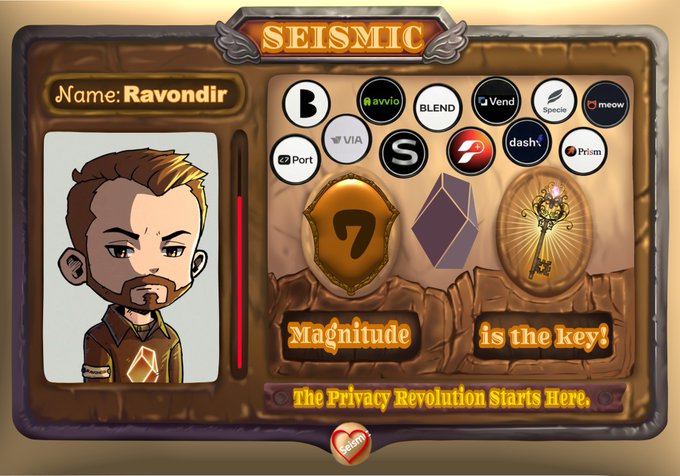 The image shows a digital "Seismic Relic Board" collectible card featuring the name "Ravondir," a cartoon avatar of a bearded man, and logos of various projects in the SeismicSys ecosystem (including B, S, avvio, BLEND, VIA, Port, dash, meow, Spacia, Prism, and Vend), along with a golden emblem marked "7" symbolizing the Magnitude Key needed to unlock the Seismic experience, with the tagline "Magnitude is the key! The Privacy Revolution Starts Here."