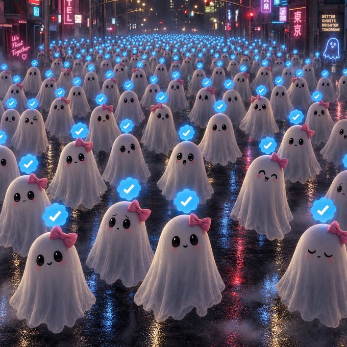 An illustration of hundreds of cute ghost figurines with pink bows and blue verified checkmarks gathered in a neon-lit Tokyo street scene with Japanese signage.