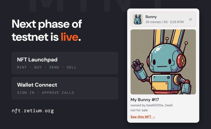 The image is a promotional graphic announcing "Next phase of testnet is live" for Retium, showcasing the newly available NFT Launchpad with Mint, Buy, Send, and Sell features, along with Wallet Connect for sign-in and approving calls. It displays a sample NFT card for "My Bunny #17" owned by bee655f5e, with a price of 0.25 RTM (25 minted/50 available) and links to nft.retium.org, visually highlighting the testnet's new NFT capabilities.