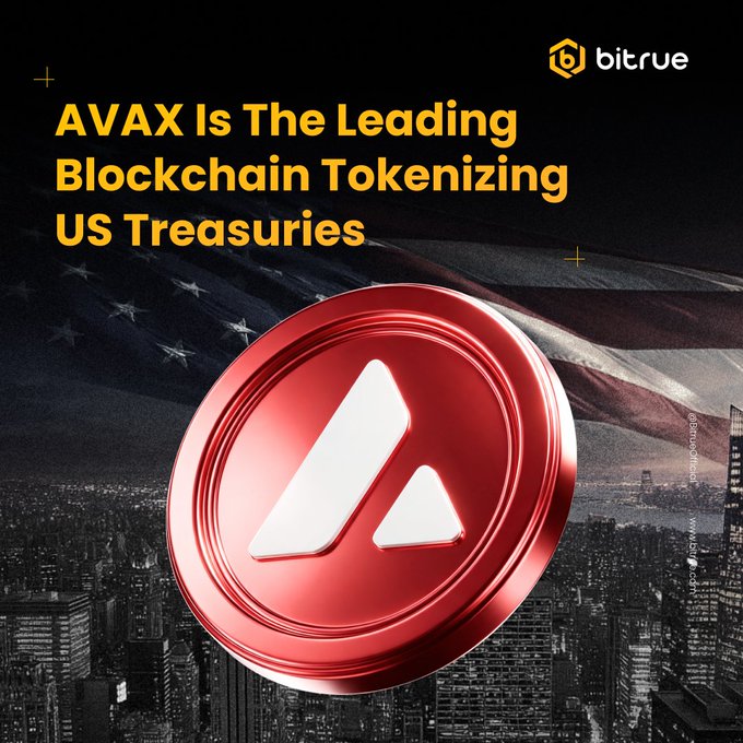 A Bitrue promotional image featuring a red AVAX coin with the text 'AVAX Is The Leading Blockchain Tokenizing US Treasuries' set against a dark cityscape and US flag background.