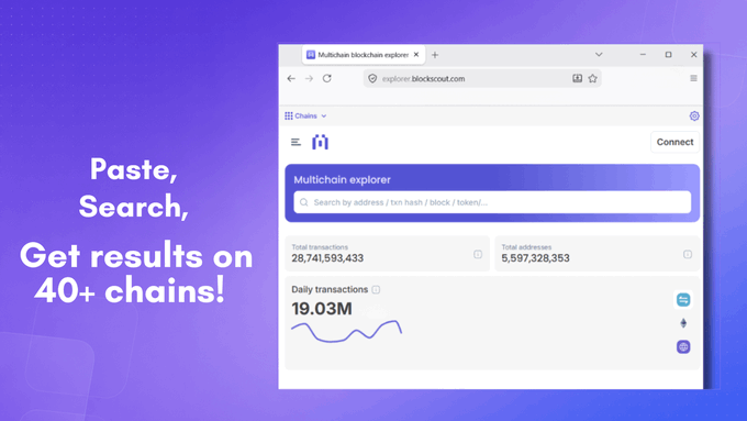 A promotional screenshot for a 'Multichain blockchain explorer' with the text 'Paste, Search, Get results on 40+ chains!' on a purple background.