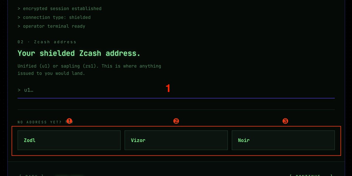 A terminal-style interface displaying 'Your shielded Zcash address' with options for 'Zodl', 'Vizor', and 'Noir' wallets.