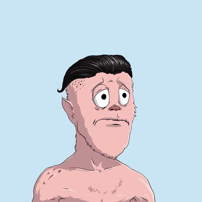 A cartoon-style illustration of a humanoid character with pink skin, pointed ears, stubble, and slicked-back black hair, displaying a worried or anxious expression.