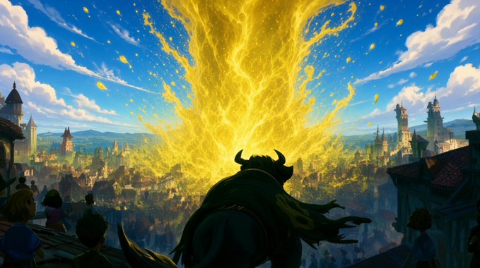 An anime-style illustration of a horned figure watching a massive, glowing golden explosion erupt over a sprawling fantasy city under a blue sky.