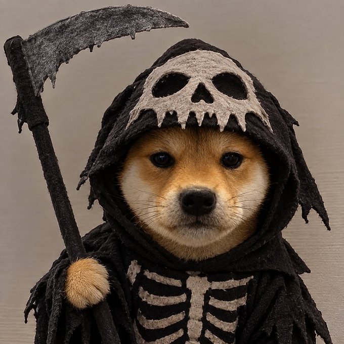An adorable Shiba Inu dog dressed in a Grim Reaper costume, wearing a hooded black robe with a skull design on the hood and holding a small scythe prop.