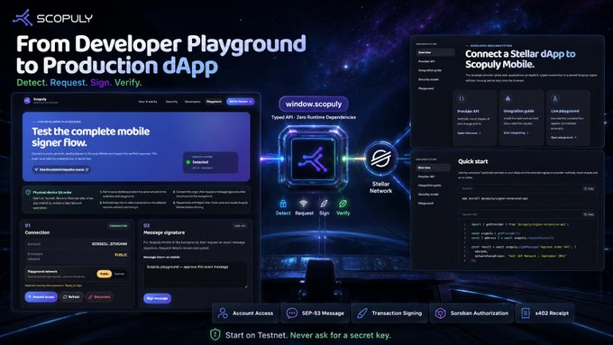 A promotional graphic for 'SCOPULY' titled 'From Developer Playground to Production dApp' depicts a futuristic dark scene with floating UI panels showing developer tools for 'window.scopuly' and 'Stellar Network' integration, with features like 'Detect. Request. Sign. Verify.'