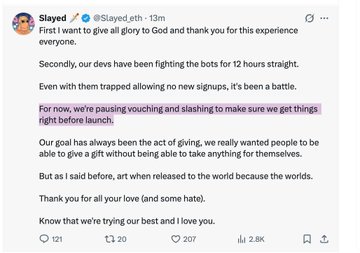 A tweet from user @Slayed_eth explaining that they've been fighting bots for 12 hours and had to pause vouching to fix things before launch, with one highlighted sentence reading "For now, we're pausing vouching and slashing to make sure we get things right before launch."