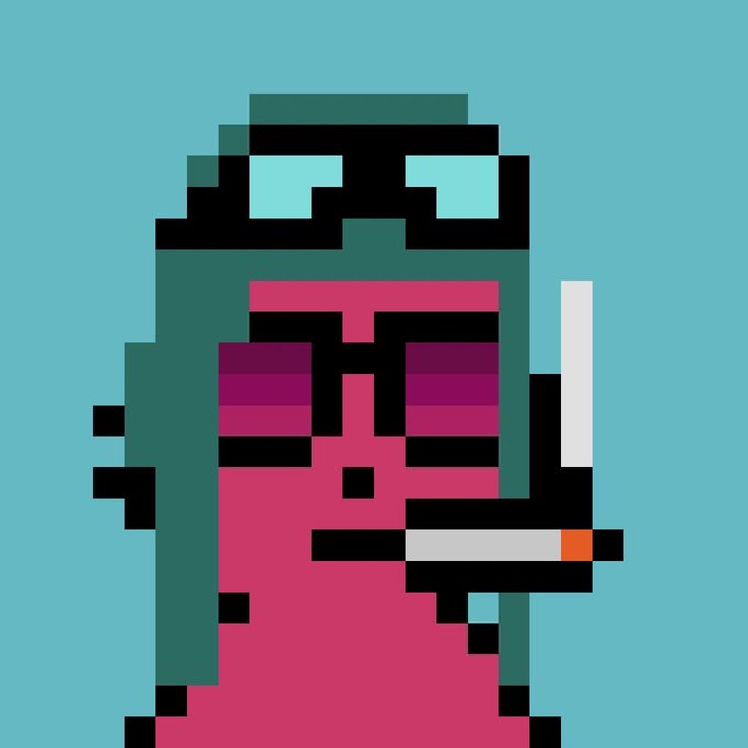 A pixel art illustration of a pink-skinned character with teal hair, goggles, and a cigarette, set against a teal background. The gritty, rebellious aesthetic visually complements the post's urgent "LAST CALL FREE MINT GTD" crypto promotion aimed at the first 100 wallets.