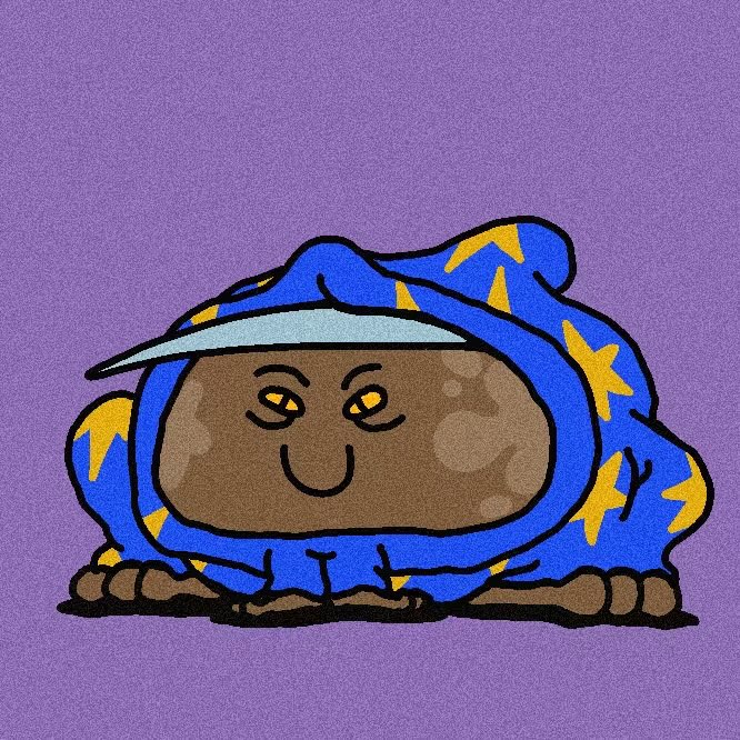 A cartoon illustration of a brown, rocky creature wearing a blue hood with yellow star and moon patterns, featuring a smiling face with half-lidded eyes against a textured purple background.